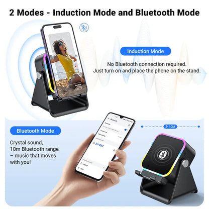 Wireless Induction Audio Speaker Stand, 5-in-1 Phone Stand, 1500mAh Rechargeable Emergency Power , 360° Adjustable Phone