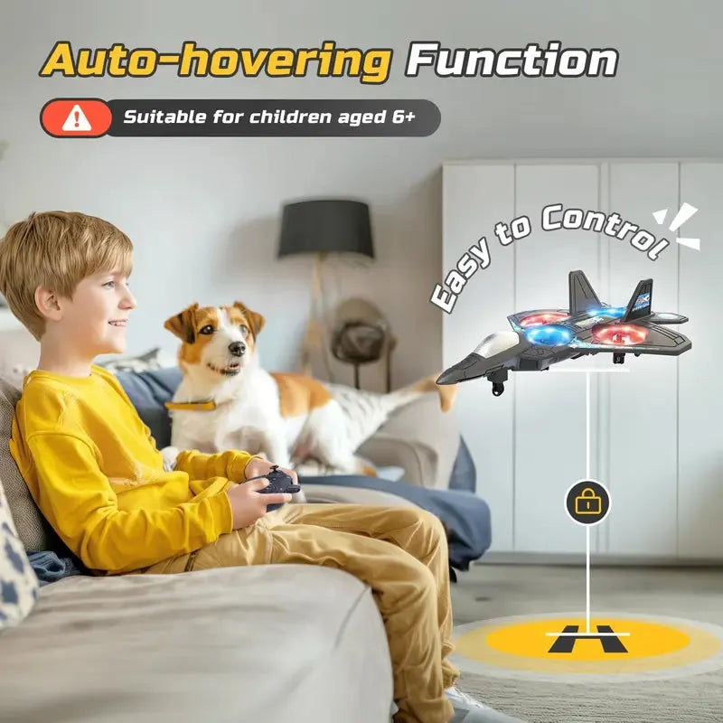 RC Flying Fighter Jet Toy with LED Lights & Stunt Rotation – Durable EVA Foam Remote Control Plane
