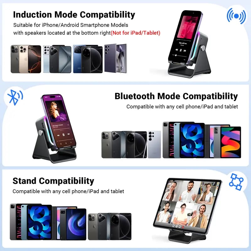 Wireless Induction Audio Speaker Stand, 5-in-1 Phone Stand, 1500mAh Rechargeable Emergency Power , 360° Adjustable Phone