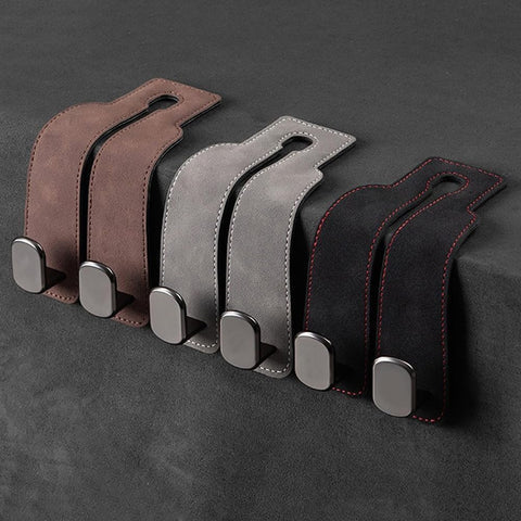 2-in-1 Premium Leather Car Headrest Hanger with Metal Hooks (1 Pair)