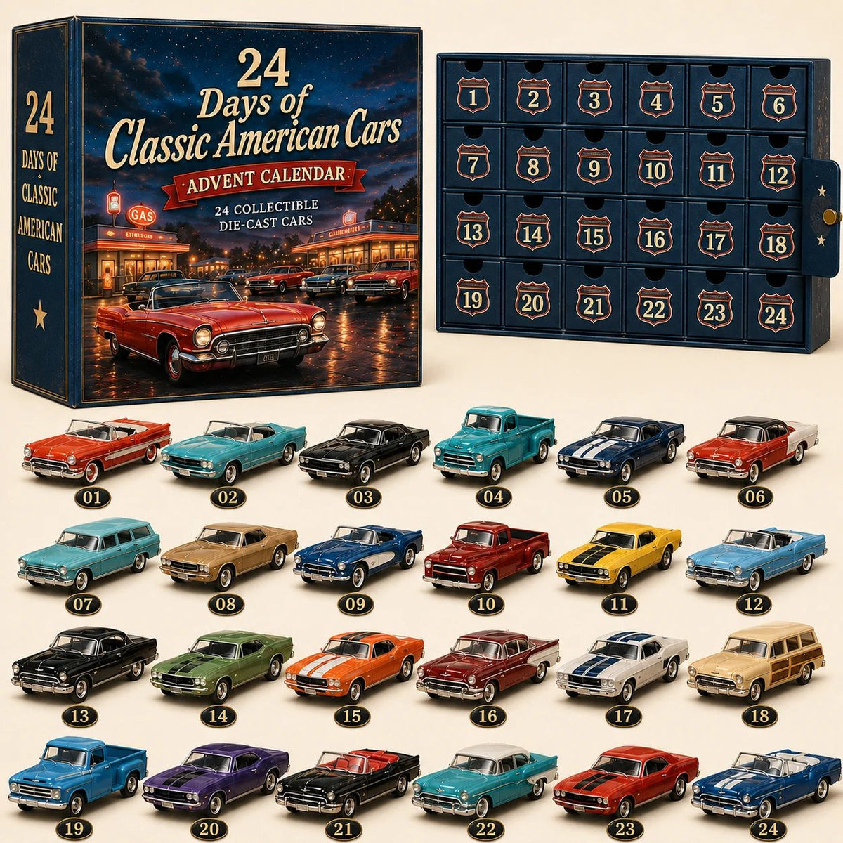 🎁Last Day 49% OFF - ✨24 Days of Classic American Cars Advent Calendar – 24 Vintage Ride Collectibles for Car Lovers🚗