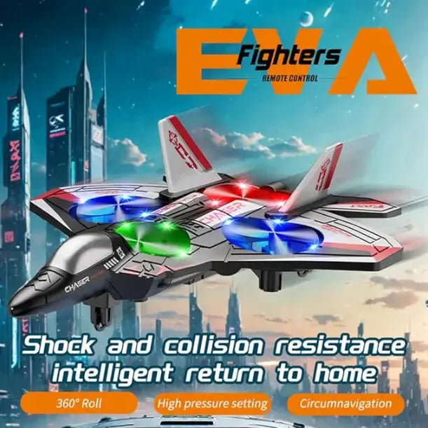 RC Flying Fighter Jet Toy with LED Lights & Stunt Rotation – Durable EVA Foam Remote Control Plane