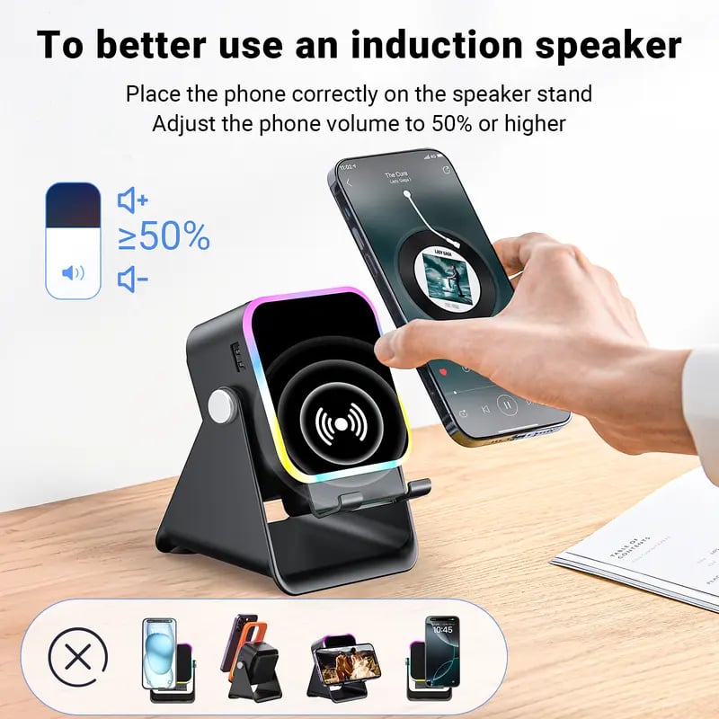 Wireless Induction Audio Speaker Stand, 5-in-1 Phone Stand, 1500mAh Rechargeable Emergency Power , 360° Adjustable Phone