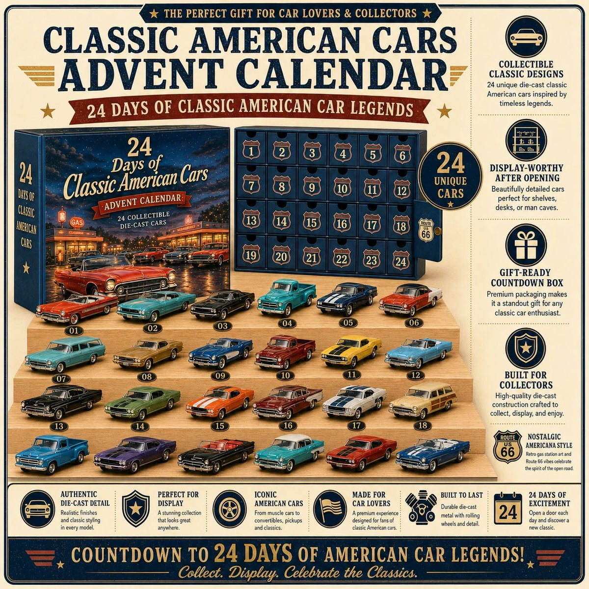 🎁Last Day 49% OFF - ✨24 Days of Classic American Cars Advent Calendar – 24 Vintage Ride Collectibles for Car Lovers🚗