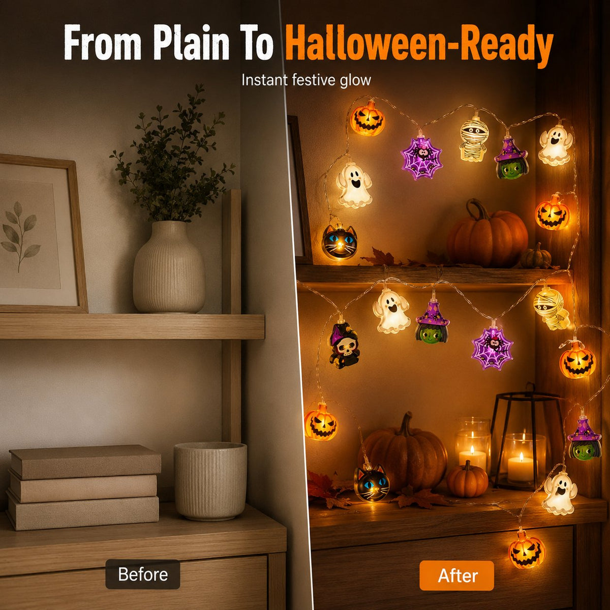 🎃 Halloween Decor Sale 49% OFF – USB Pumpkin, Witch & Ghost LED String Lights