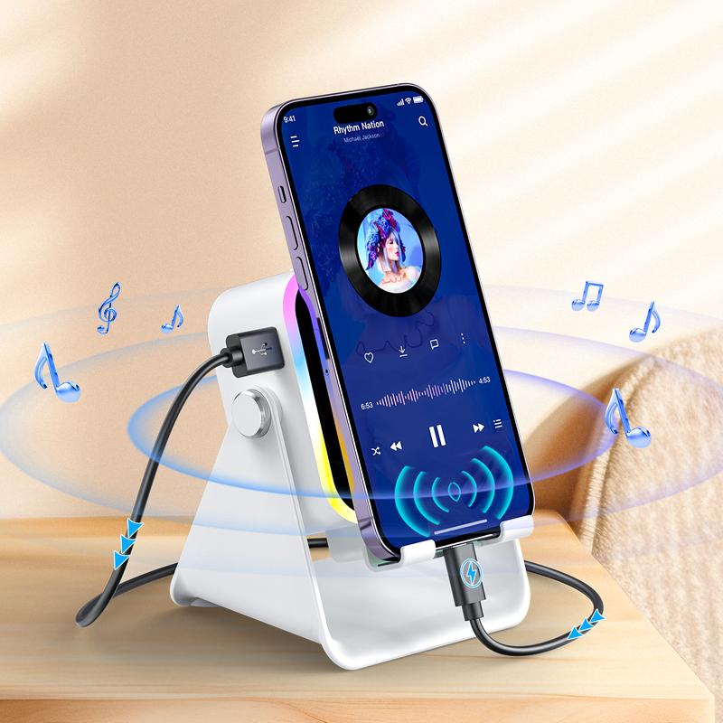 Wireless Induction Audio Speaker Stand, 5-in-1 Phone Stand, 1500mAh Rechargeable Emergency Power , 360° Adjustable Phone