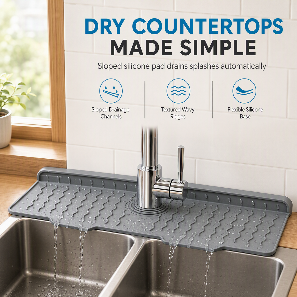 💧 LIMITED-TIME 50% OFF 🧽 Silicone Faucet Splash Guard Mat — Drain Fast, Cuttable